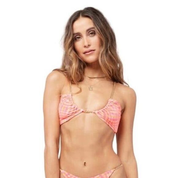 L*SPACE Sammie Bikini Top Heat Waves Pink Abstract Chain Strap U Front XL NEW - Picture 3 of 7
